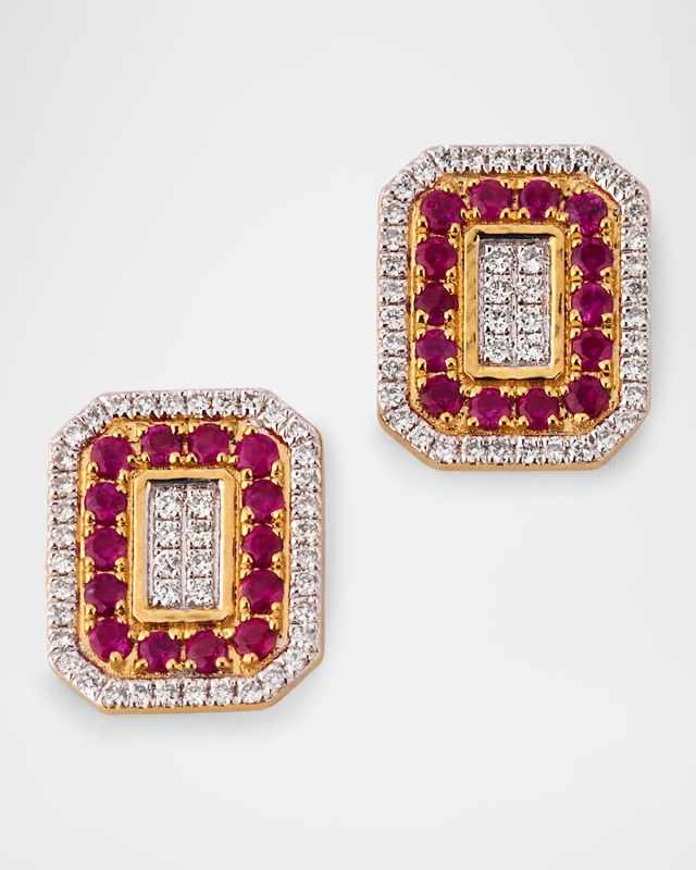 18K Yellow Gold Illusion Rectangle Diamond and Ruby Earrings